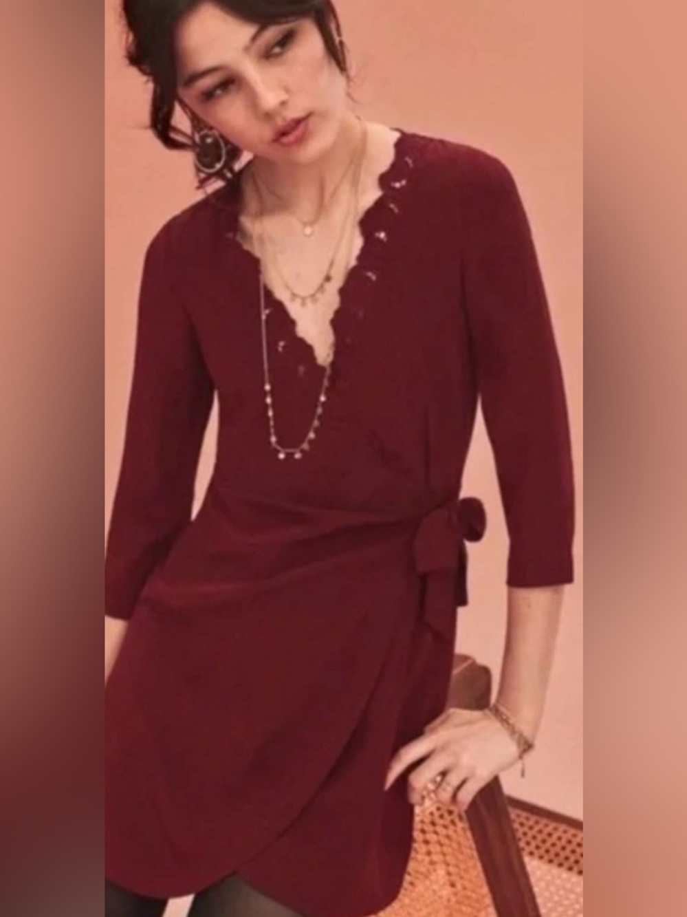 Sézane Olympe Bordeaux 100% Silk Embroidered Wrap Dress 36